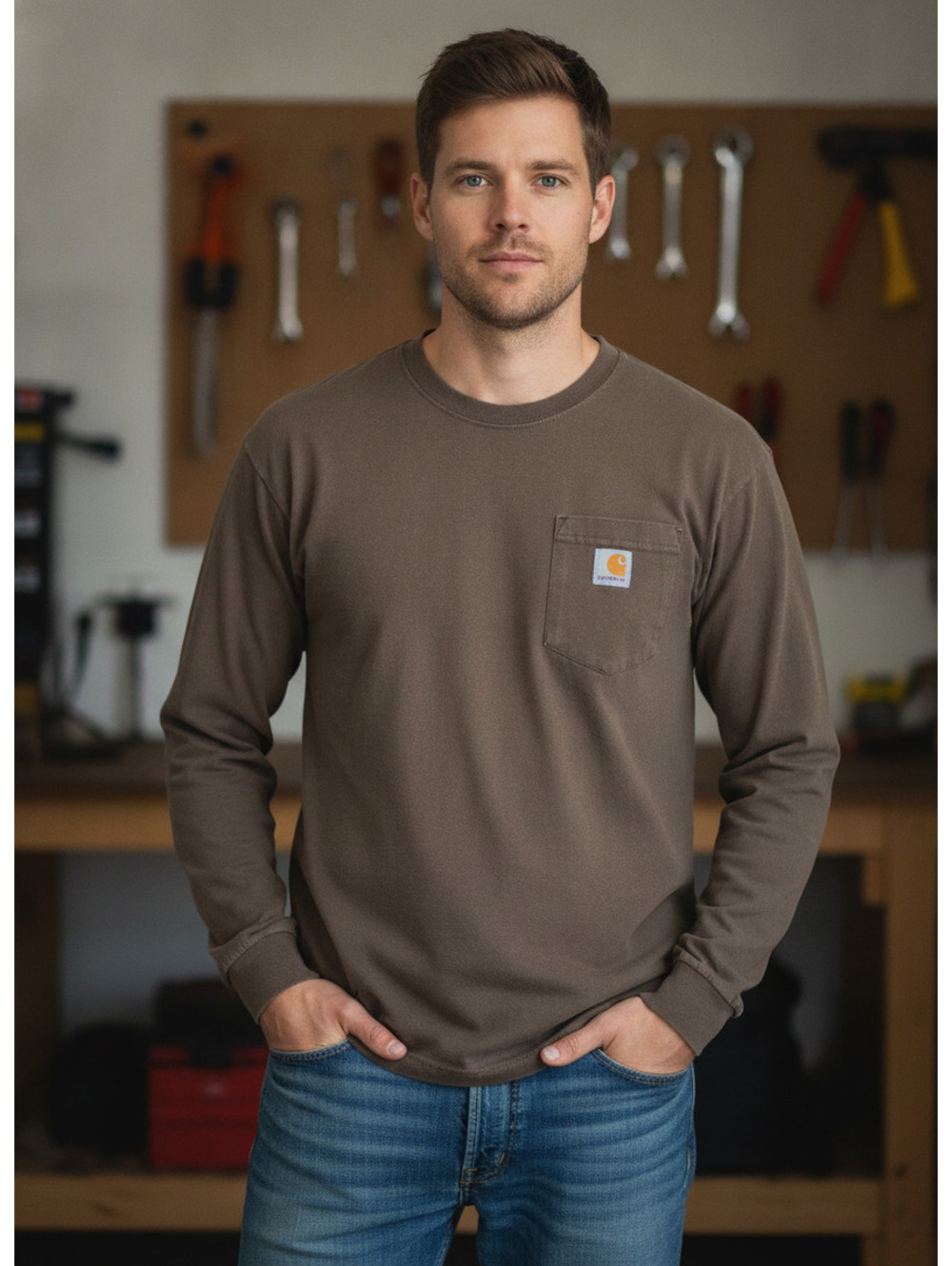 Carhartt Long Sleeve Pocket T-Shirt Brown 100% Cotton Size L